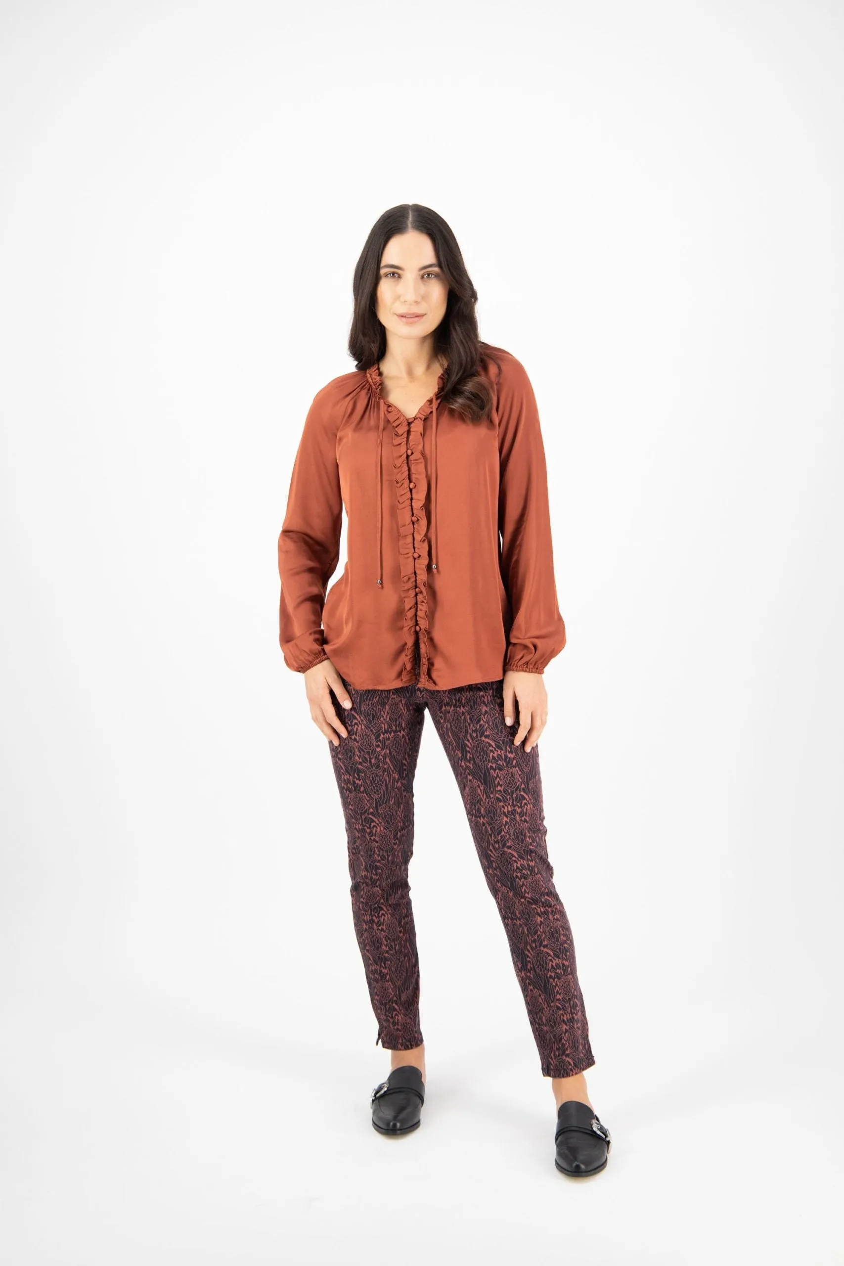 Vassalli V Neck Top with Front Frills and Neck Ties